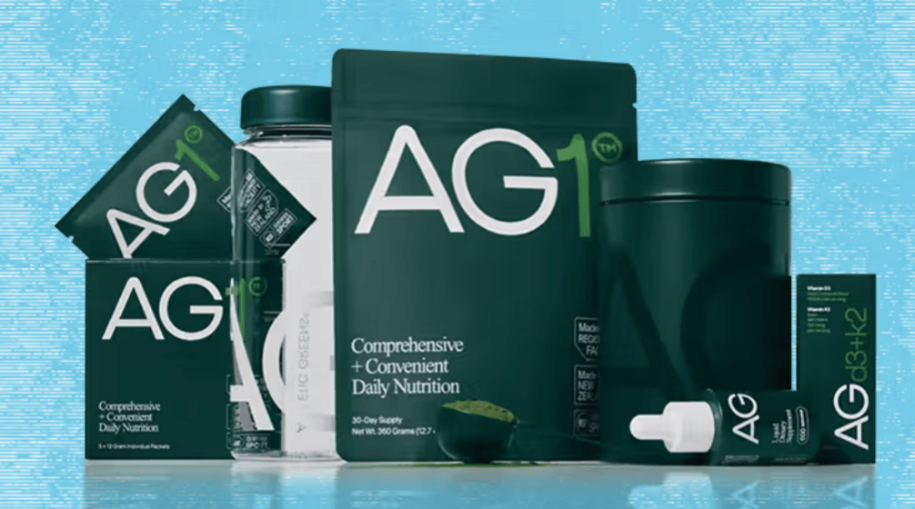 Athletic Greens AG1 powder and shaker bottle for daily biohacking